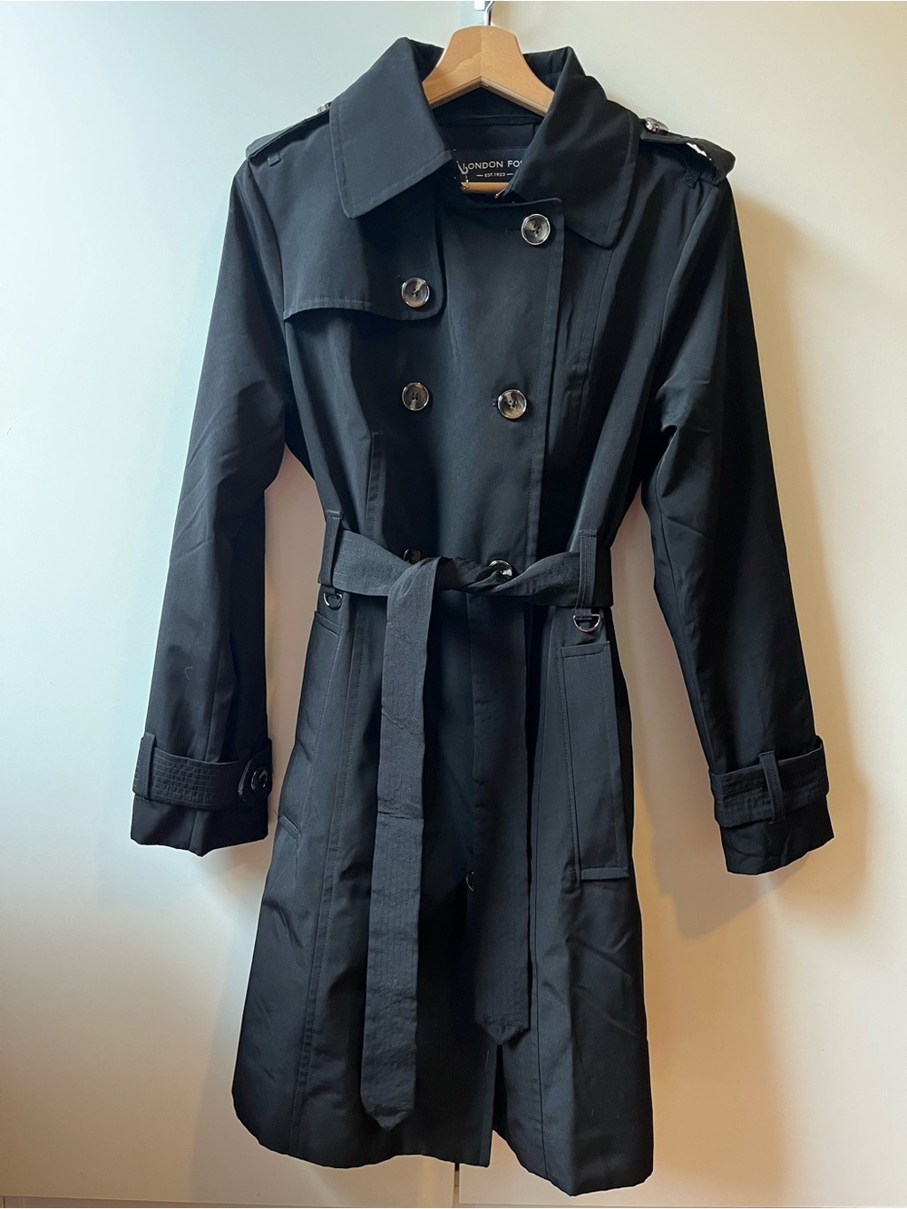 London Fog Double Breasted Button Front Trench with Belt Black S Small Women